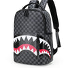 A black and gray checkered backpack featuring a stylized white and red shark tooth design.