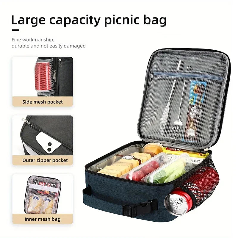 Große Picknicktasche mit verschiedenen Taschen, darunter eine Mesh-Tasche, ein Außenzipertasche und eine innere Mesh-Tasche