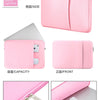 Light pink universal laptop sleeve case for 11 to 17 inch laptops showing front, side, and inside view