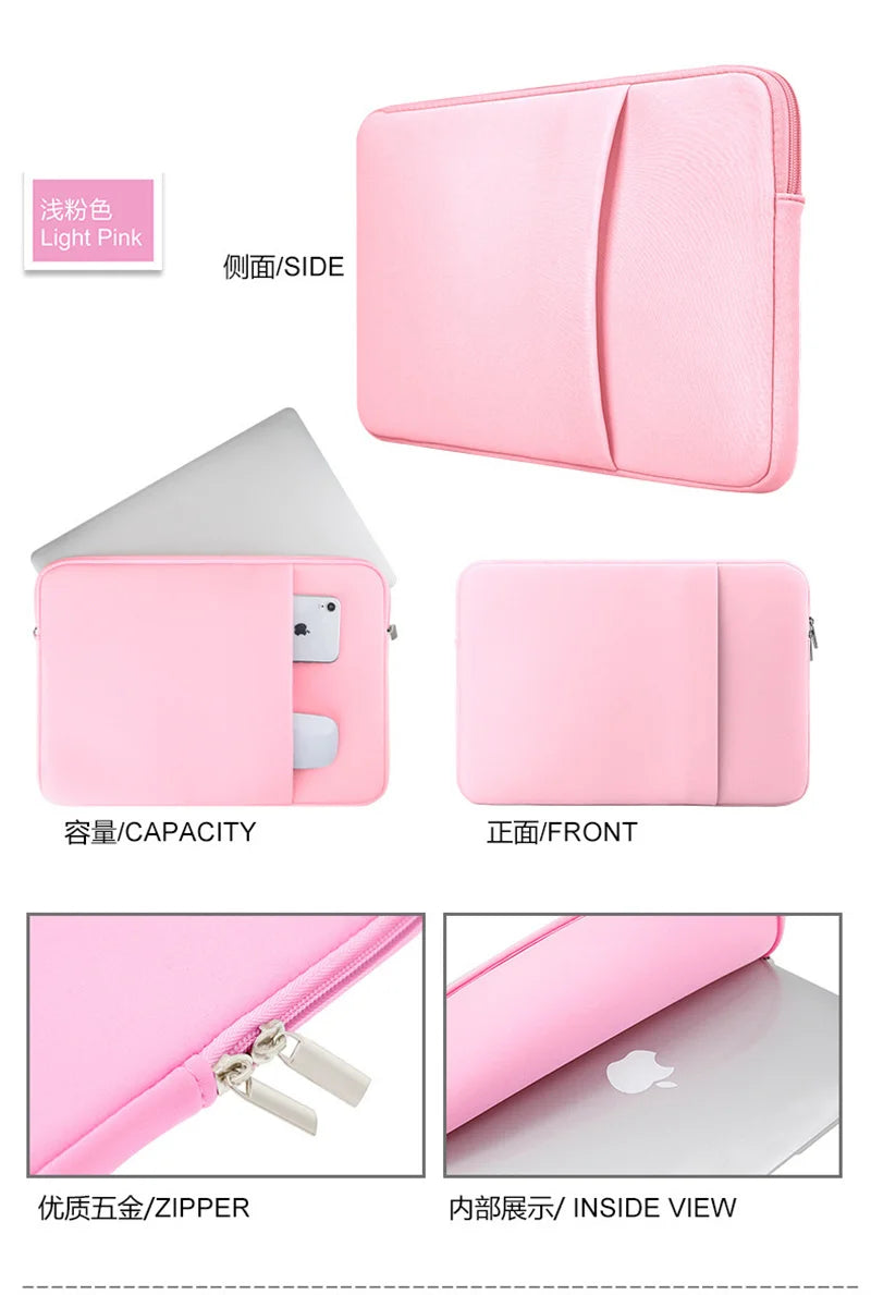 Light pink universal laptop sleeve case for 11 to 17 inch laptops showing front, side, and inside view