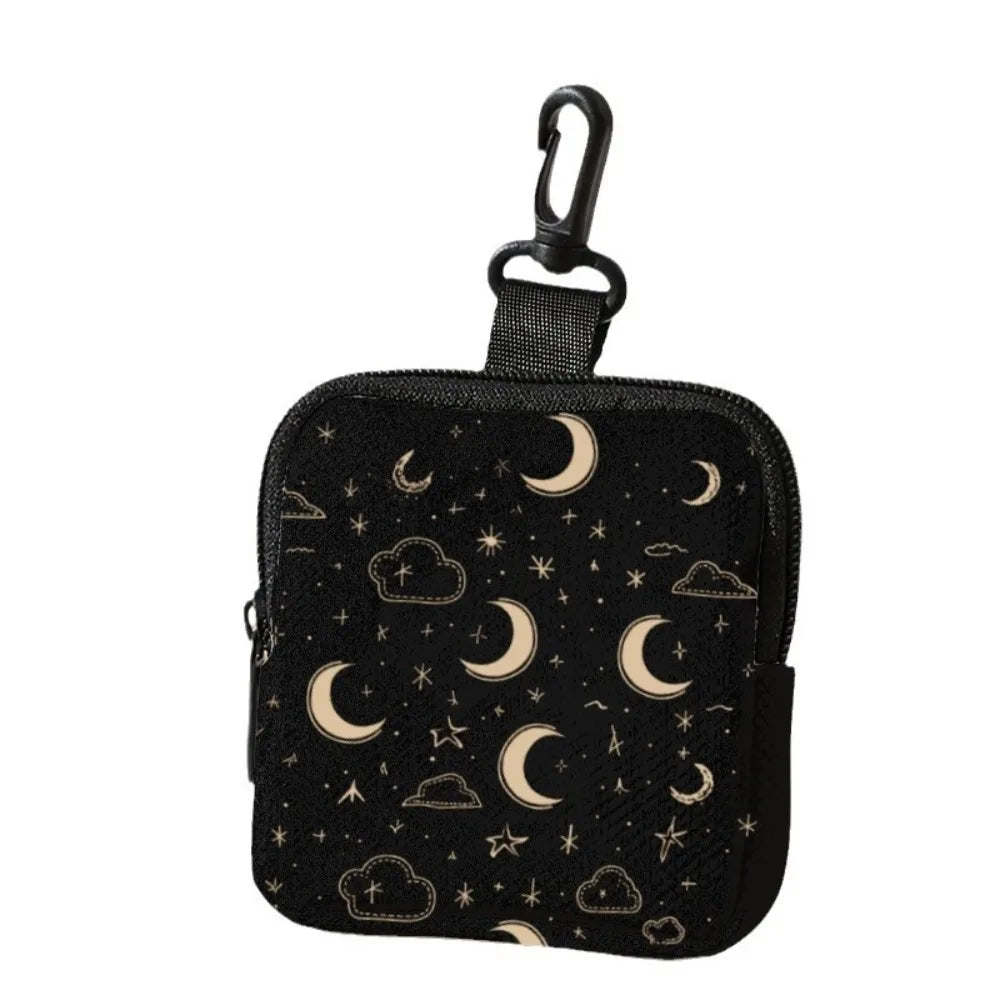 Black stylish printed coin purse and multi-use earphone case with crescent moon and star patterns