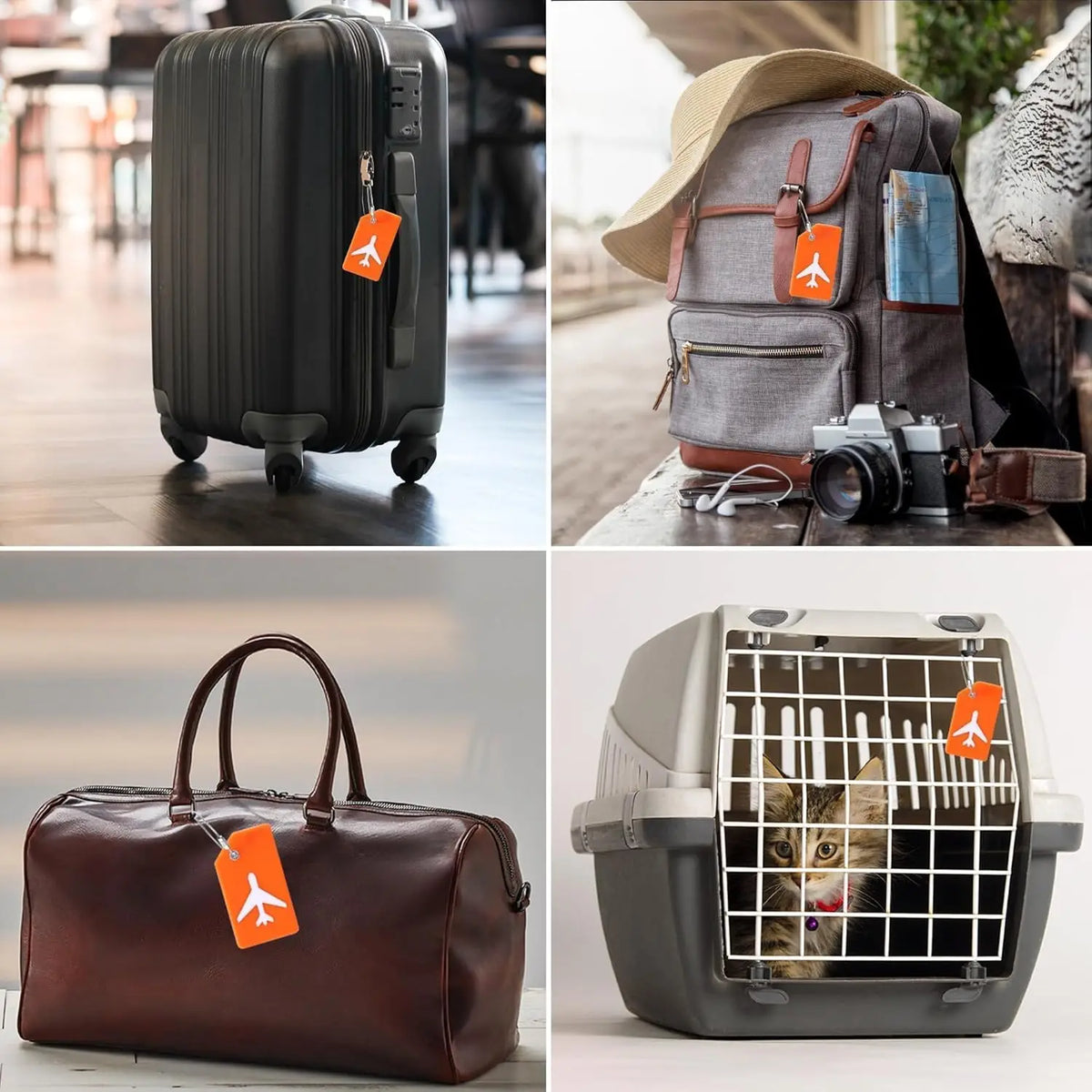 A collection of silicone luggage tags attached to a black suitcase, a gray backpack, and a brown leather bag.