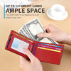 A red bi-fold leather wallet is shown open, displaying cash and cards, with a cup and notebook in the background.