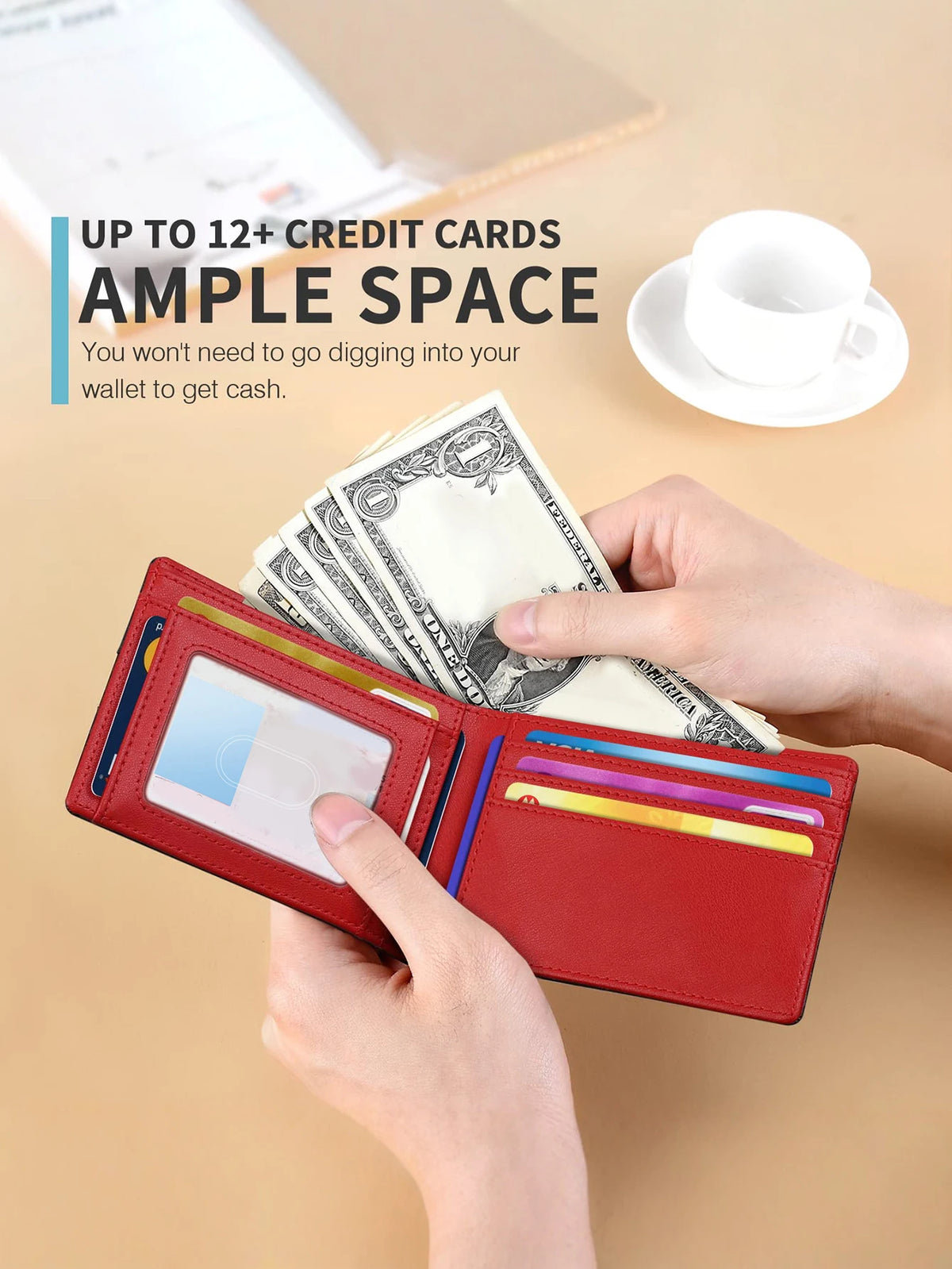 A red bi-fold leather wallet is shown open, displaying cash and cards, with a cup and notebook in the background.