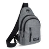 A gray water-resistant casual chest bag with a zippered pocket and black strap.