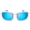 Rimless polarized sports sunglasses with bright blue lenses and silver frames