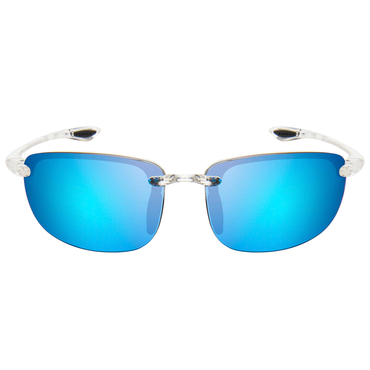 Rimless polarized sports sunglasses with bright blue lenses and silver frames