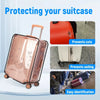 A transparent PVC luggage cover set is shown protecting a pink suitcase, emphasizing protection and easy identification.