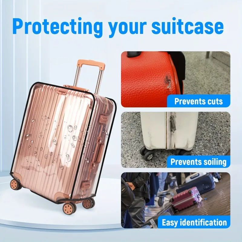 A transparent PVC luggage cover set is shown protecting a pink suitcase, emphasizing protection and easy identification.