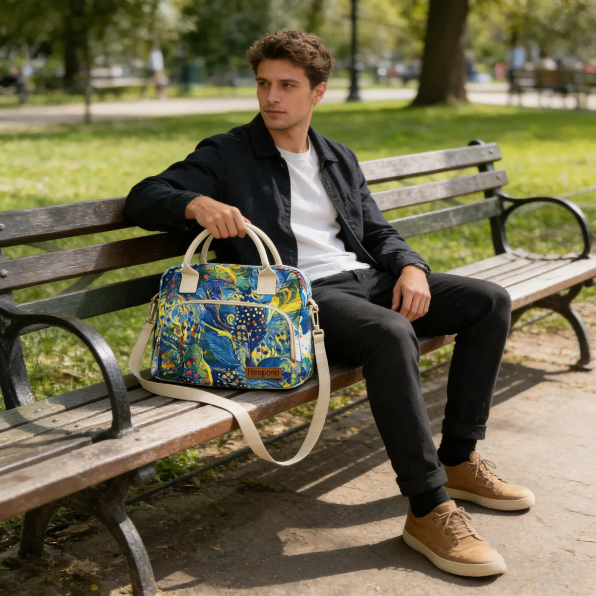 A young man sits on a wooden bench holding a multi-color Oxford cloth picnic lunch bag.