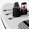 A black multi-functional kayak drink holder and phone stand is shown on a white surface.