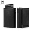 A black slim RFID-blocking aluminum card holder wallet with a zipper closure is shown.
