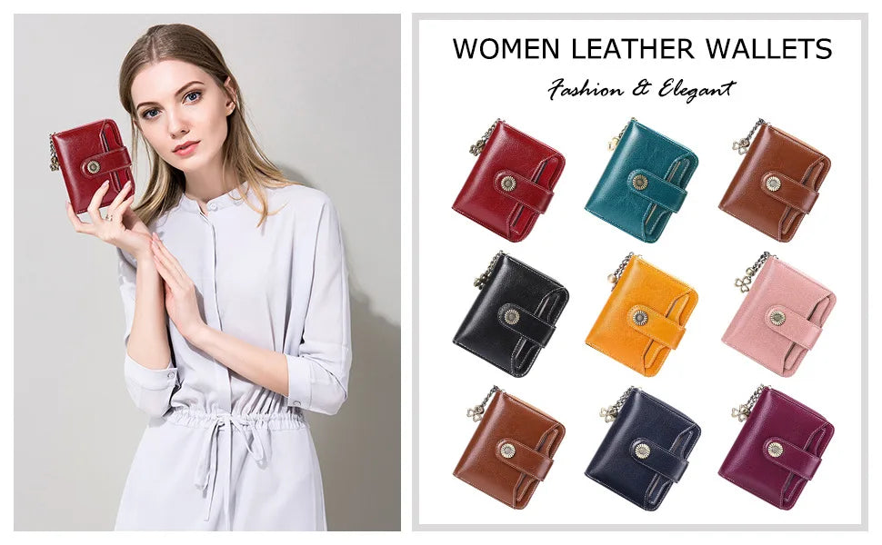 A collection of women's leather wallets in various colors including red, teal, brown, yellow, and pink.