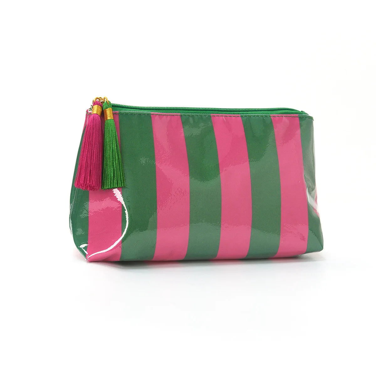 A green and pink striped cosmetic travel pouch with gold fringe.