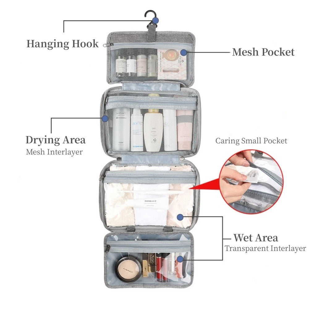 A gray travel toiletry bag with a hanging hook, featuring mesh pockets and separate areas for drying and wet items.