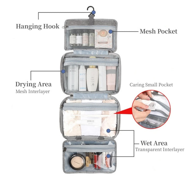 A gray travel toiletry bag with a hanging hook, featuring mesh pockets and separate areas for drying and wet items.