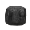 Black compact coin purse with a textured leather finish and snap closure.