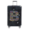 A black stretch fabric luggage protection cover with silver handles and wheels.