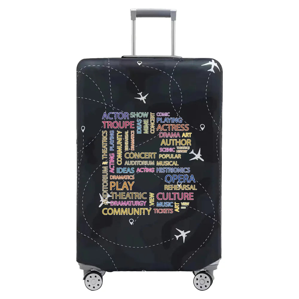 A black stretch fabric luggage protection cover with silver handles and wheels.