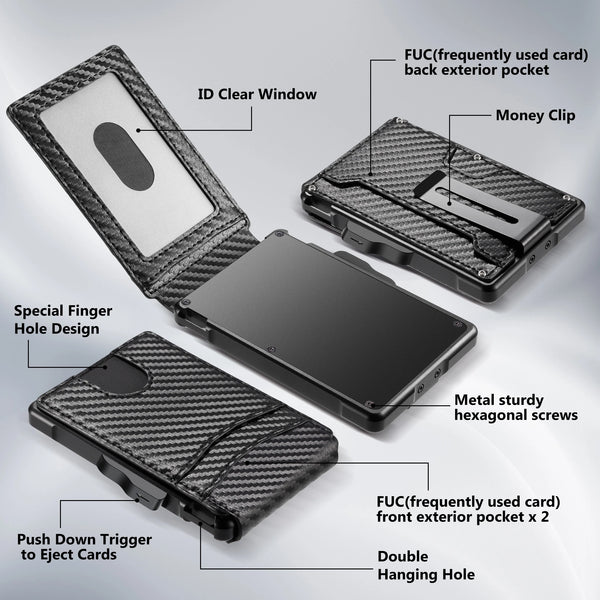 A black minimalist wallet shown with various features like an ID clear window, money clip, and external pockets.