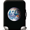 A black suitcase with a globe graphic is shown on rolling wheels.