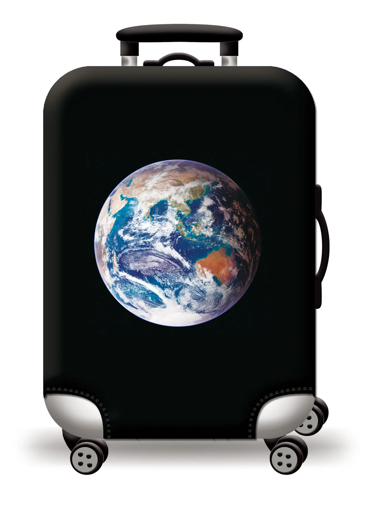 A black suitcase with a globe graphic is shown on rolling wheels.