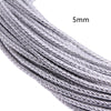Close-up of a silver braided leather cord, 5mm in diameter.