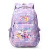 A purple Friends Together themed school backpack with a zippered compartment and floral accents.