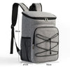 A gray insulated lunch backpack with a waterproof oxford shell and mesh pocket.