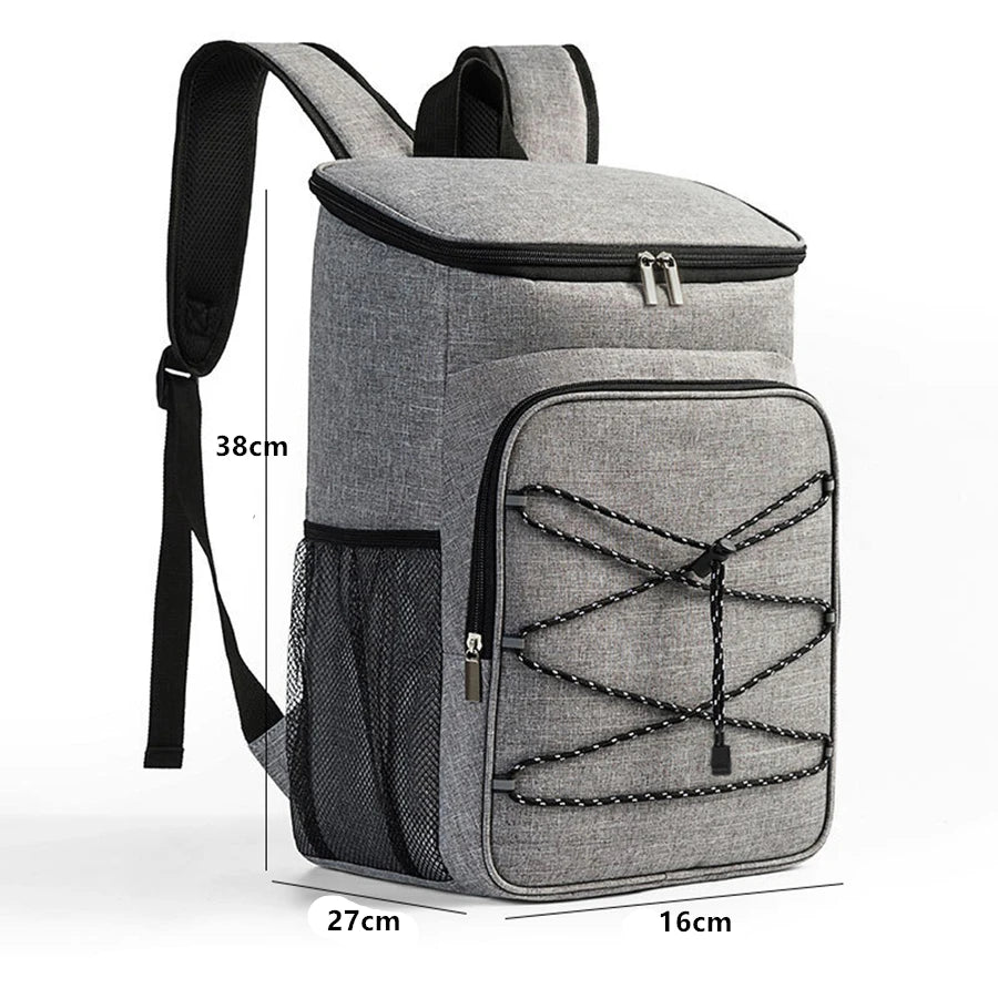 A gray insulated lunch backpack with a waterproof oxford shell and mesh pocket.