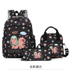 A black backpack and pouch set featuring cute cartoon animals like a hedgehog and a panda.
