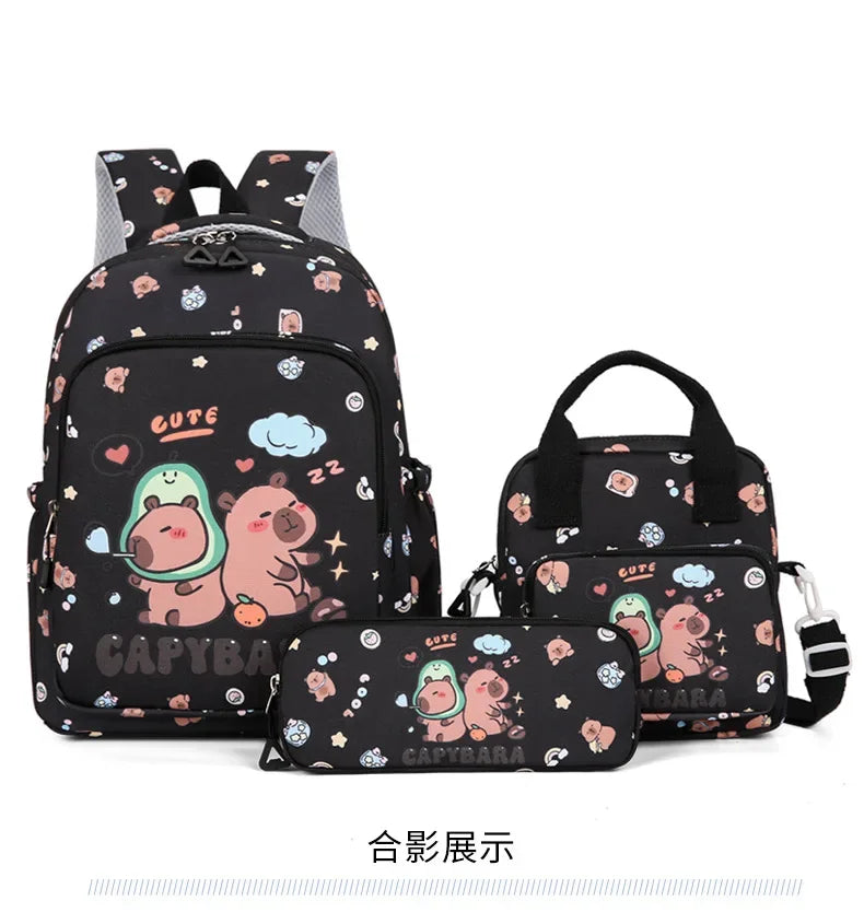 A black backpack and pouch set featuring cute cartoon animals like a hedgehog and a panda.