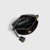 A black classic split leather shoulder tote bag with gold hardware.