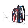A black and red patterned casual travel backpack with adjustable straps and an A4 size.