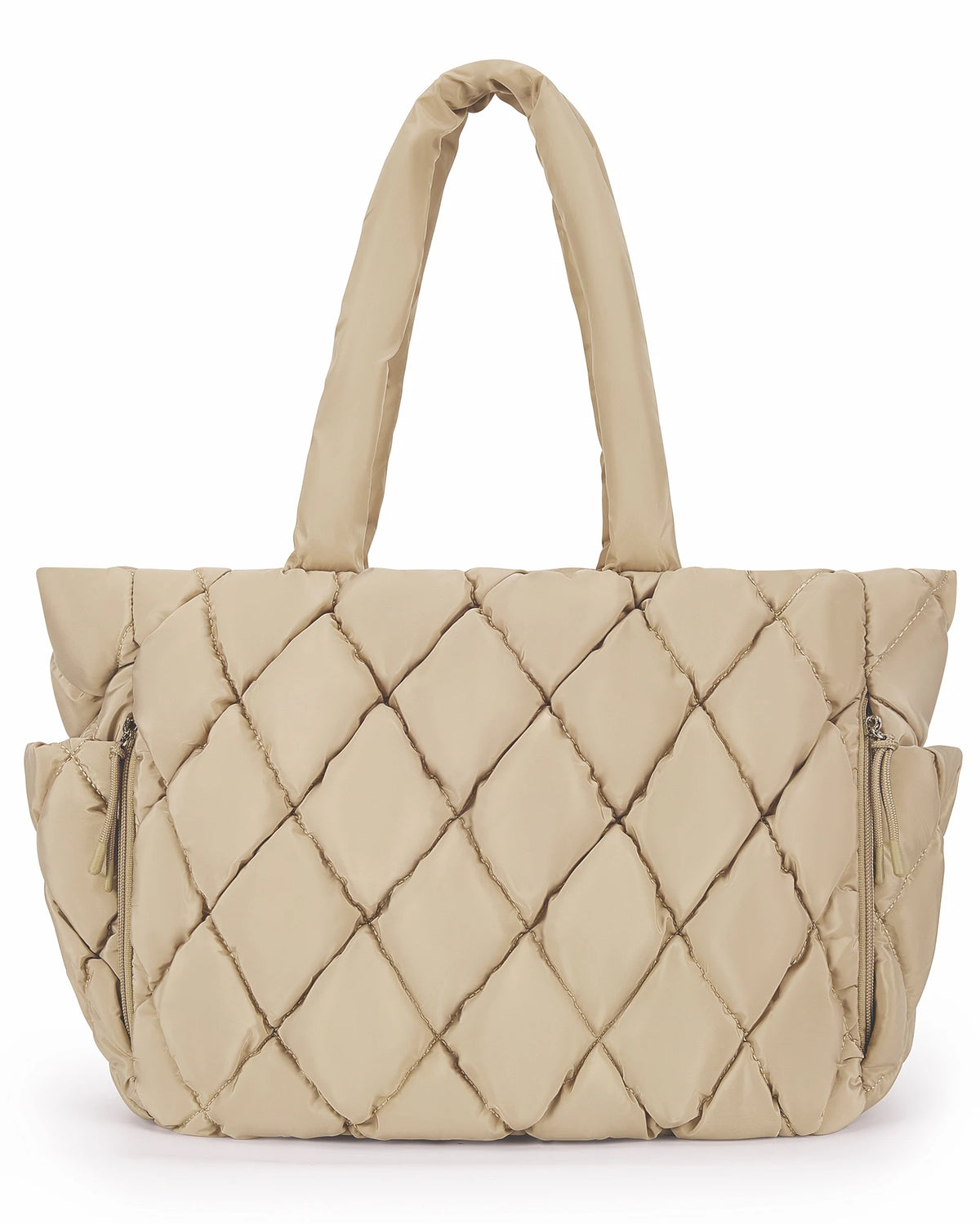 A beige quilted puffy tote bag with a handle and a zippered laptop compartment.