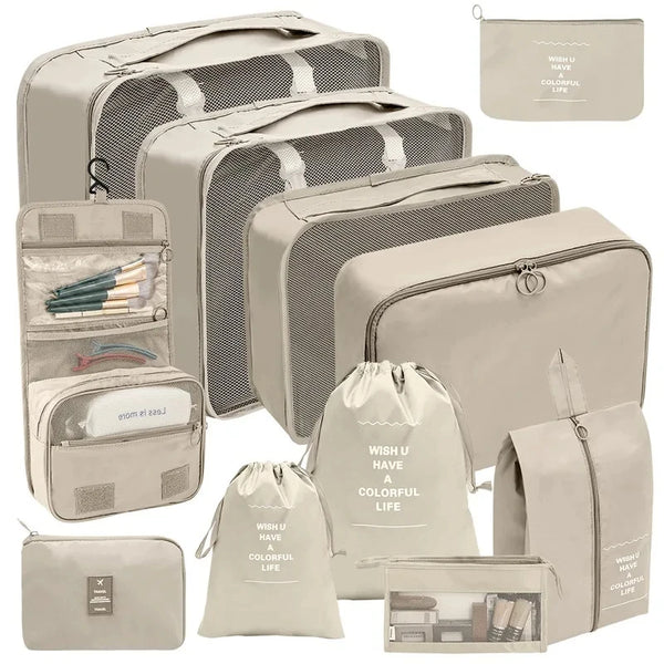 A set of beige fabric storage organizers and pouches for organizing various items.