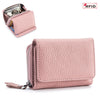 Cartera pequeña de imitación de cuero rosa con cremallera texturizada y de tono dorado.