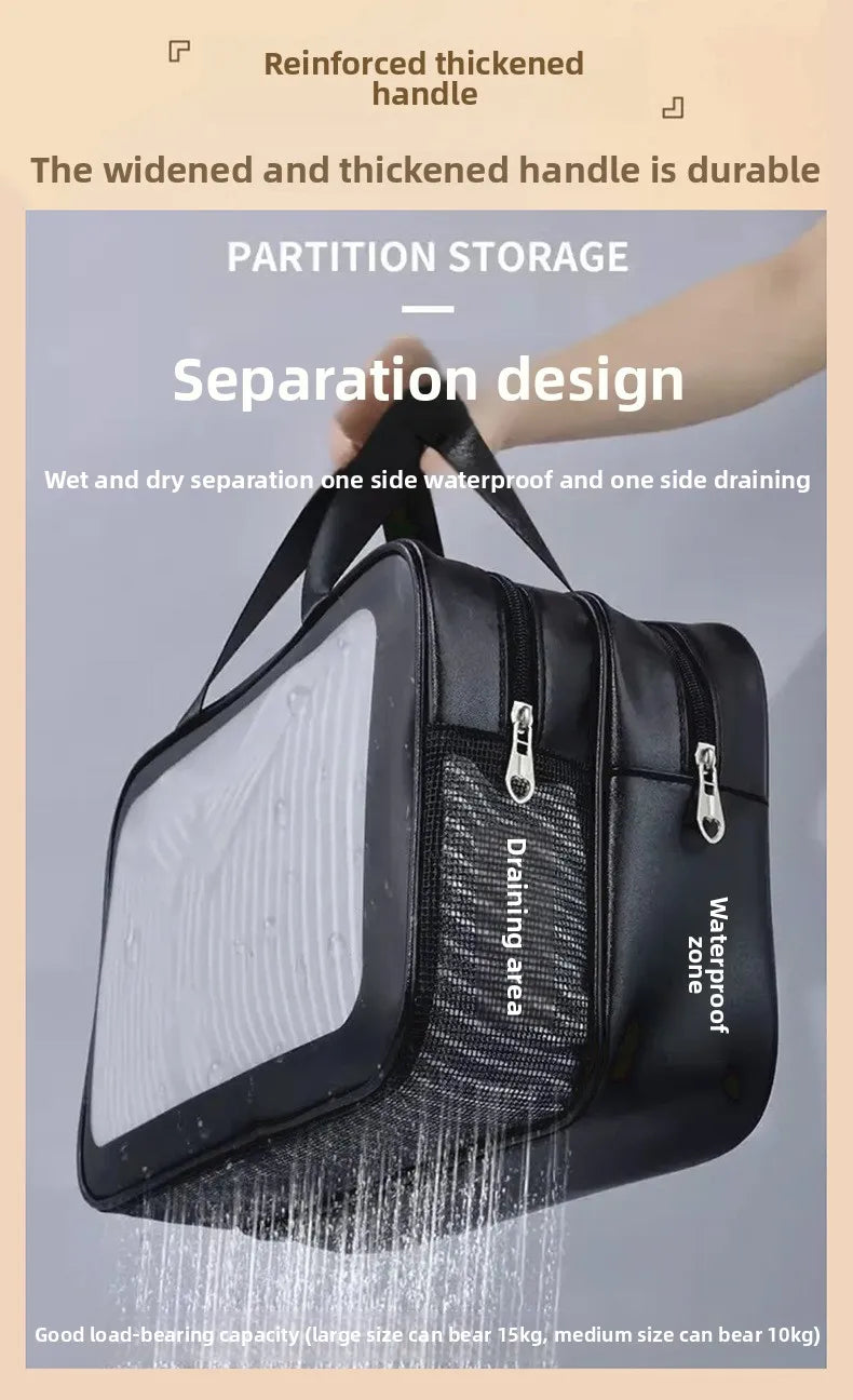Black wash bag with a reinforced handle and separation design showing a draining area.