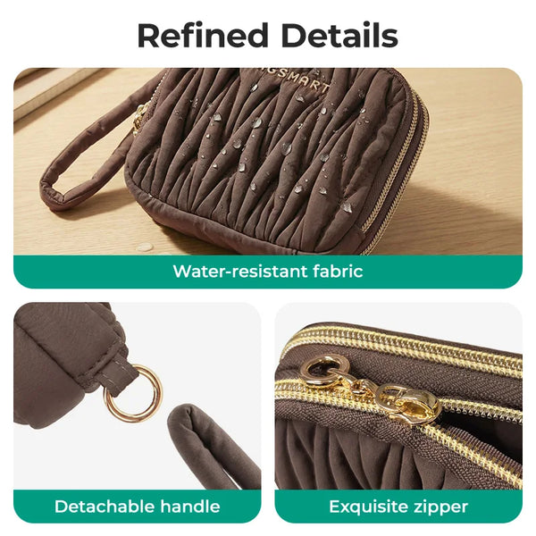 A brown quilted mini coin purse with a detachable handle and exquisite zipper details.