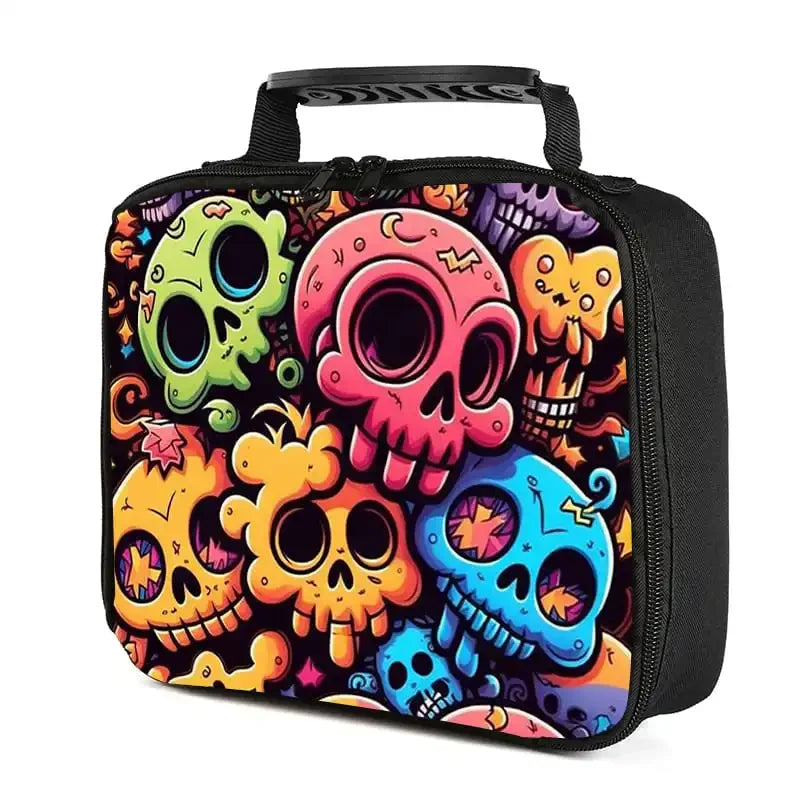 Sac à lunch noir à main avec un motif coloré de crânes en néon et couleurs vives.