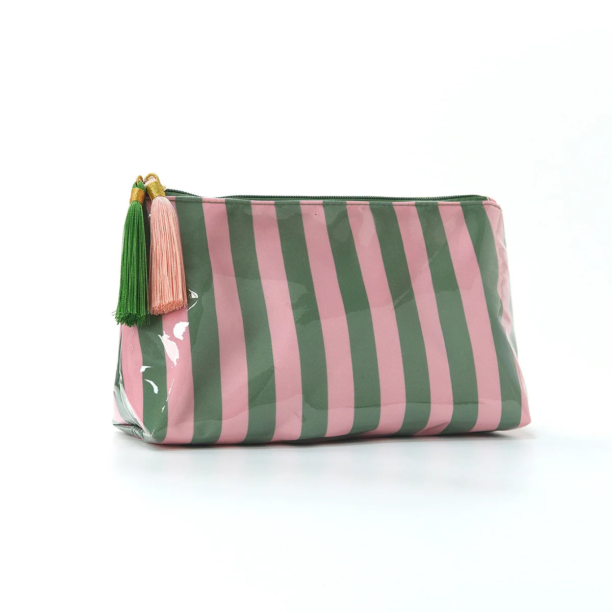 A pink and green striped cosmetic travel pouch with gold fringe.
