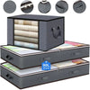 Three gray under bed storage organizer bins with fabric inserts and lids shown in various angles