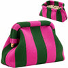A pink and green striped knit clutch bag shown in a folded and unfolded view.