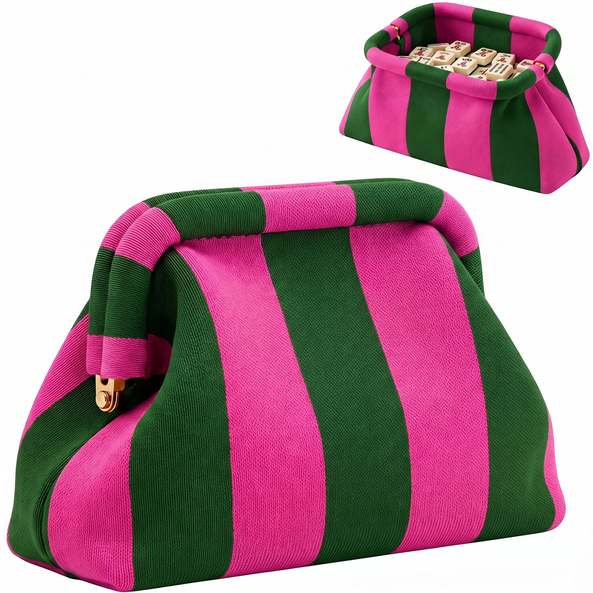 A pink and green striped knit clutch bag shown in a folded and unfolded view.