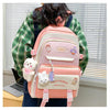 A person is wearing a pink nylon backpack set with cartoon designs in front of a window.