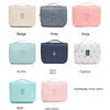 A collection of waterproof makeup organizers in various colors including beige, gray, pink, sky blue, and cactus.