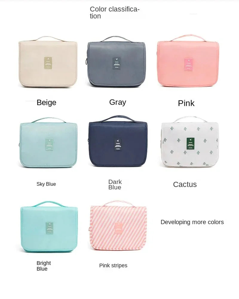 A collection of waterproof makeup organizers in various colors including beige, gray, pink, sky blue, and cactus.