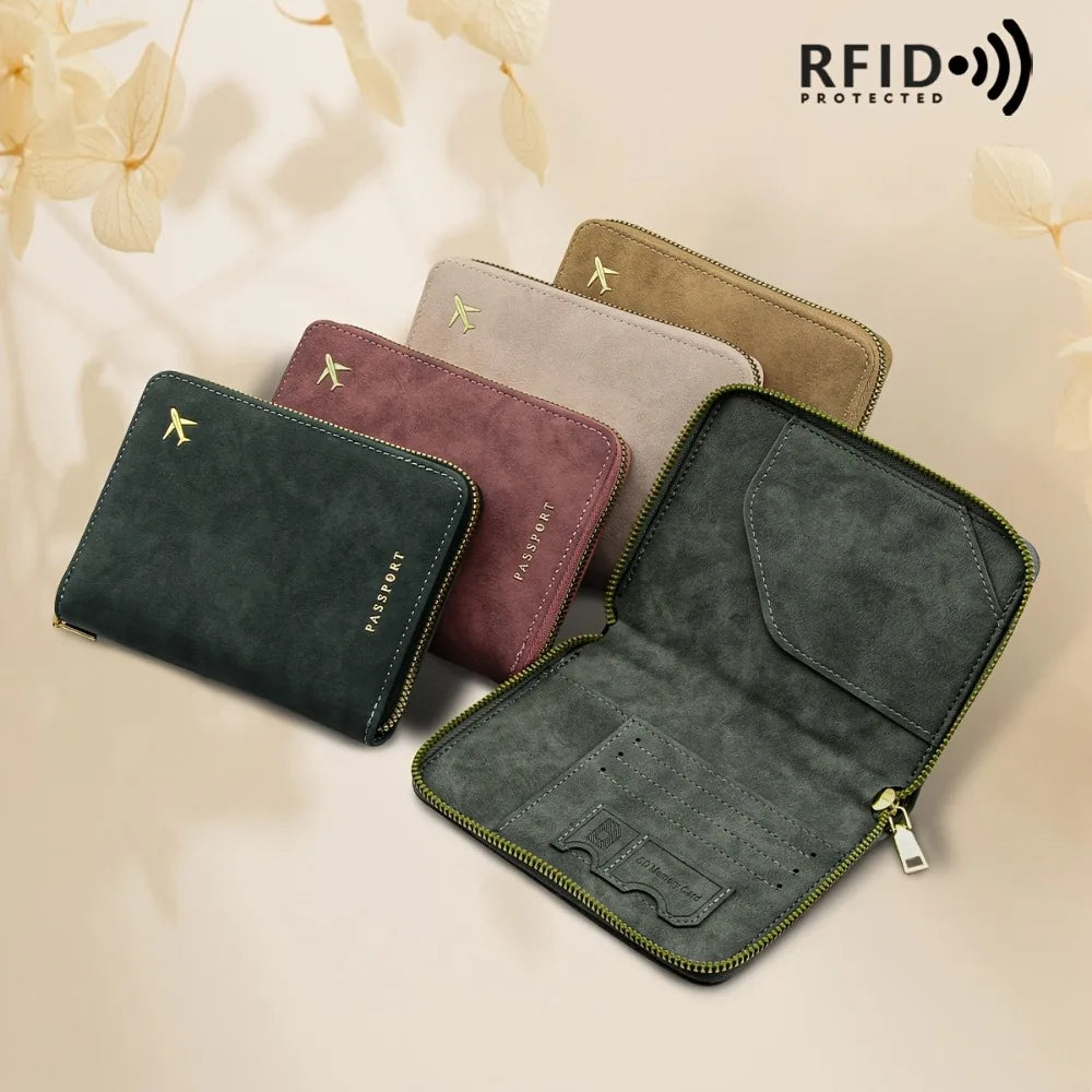 A collection of slim RFID blocking passport wallets in various muted colors, including pink, olive green, and beige.