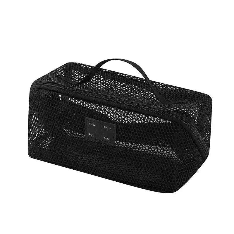 Black mesh cosmetic organizer pouch for makeup and toiletries