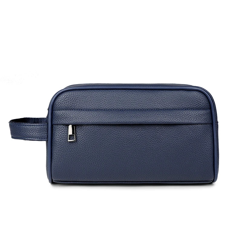 A dark navy blue vintage PU leather clutch bag with a flap and silver zipper.